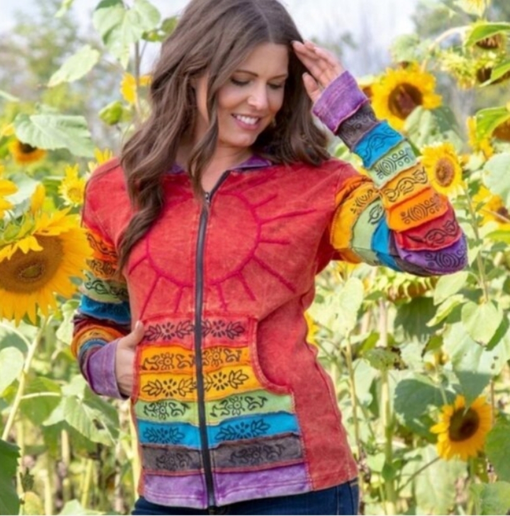 Greater Good Hoodie Size XXL Full Zip Boho Chic Patchwork Hippie Cool, 23" PTP